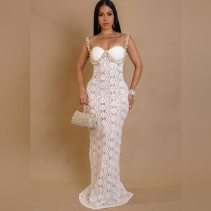 Exquisite Oceana Glow & Pearls Crochet Beachside Maxi Dress- White